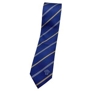 VERSACE Men's 100% Silk Necktie LUXURY Tie Blue Striped Logo W:2.7" EUC